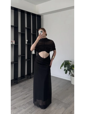 Siyah Lili Tül Omuz Detaylı Elbise