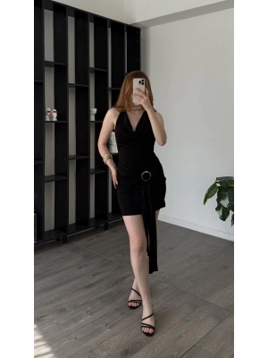 Siyah lesy Kuşaklı Degaje Yakalı Elbise