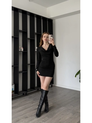 Siyah Loly Degaje Yakalı Elbise