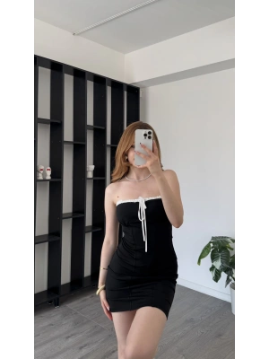 Siyah Loren Bağcık Yaka Detaylı Straplez Elbise