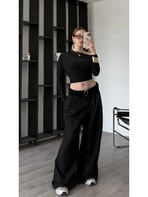 Siyah Luicy Pileli Bol Pantolon