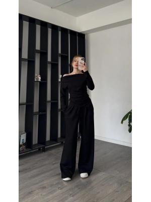 Siyah Lumi Asimetirk Kayık Yaka Modal Takım