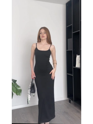 Siyah Melina Askılı Basic Uzun Elbise