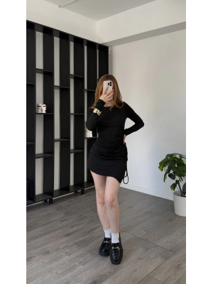 Siyah Merinda Büzgülü Asimetrik Elbise