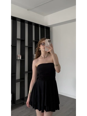 Siyah Meris Volanlı Straplez Elbise