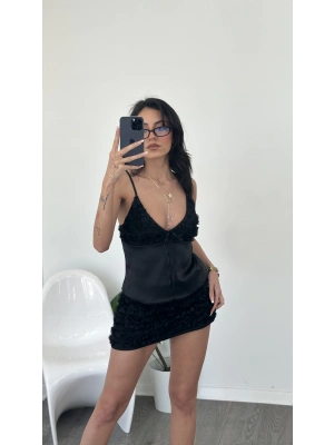 Siyah Mia Saten Güllü Takım