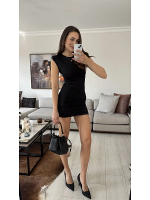 Siyah Mila Drapeli Mini Elbise