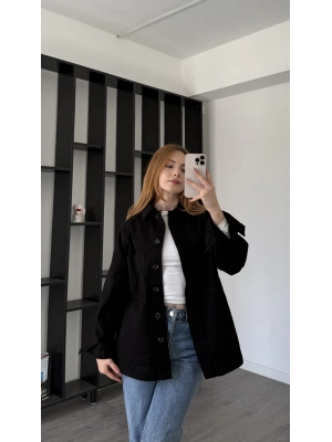 Siyah Oversize Gabardin Gömlek Ceket
