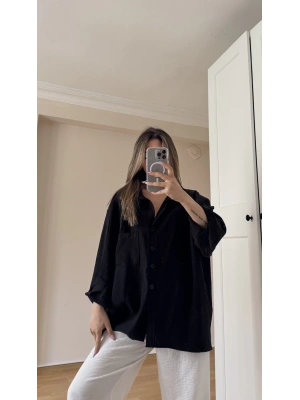 Siyah Oversize Tiril Gömlek