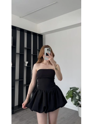 Siyah Perla Bağcık Sırtlı Balon Etekli Straplez Elbise