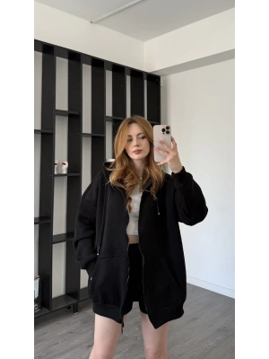 Siyah Sane Kapüşonlu Oversize Hırka