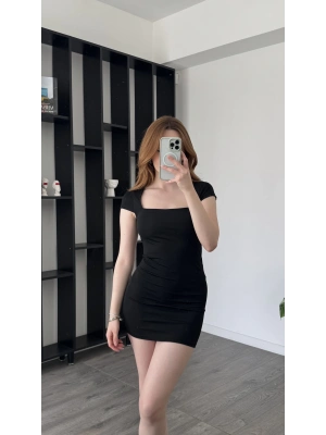 Siyah Sarah Kısa Kollu Mini Basic Elbise