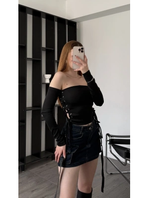 Siyah Sienna Kuşgözü Bağcıklı Bluz