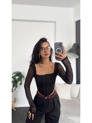 Siyah Şifon Kollu Korse Bluz