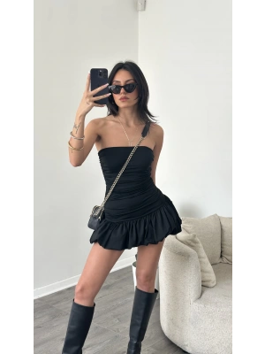 Siyah Straplez Balon Etekli Elbise