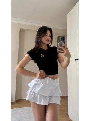 Siyah Teddy Nakışlı Crop Tshirt