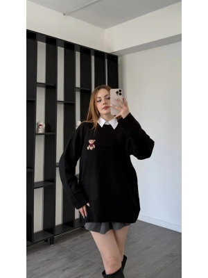 Siyah Teddy Nakışlı Premium Kazak