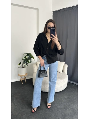 Siyah Tek Cep Detay Oversize Gömlek