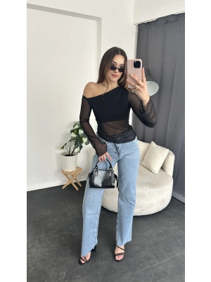 Siyah Tek Omzu Düşük Şifon Tül Bluz