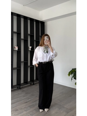 Siyah Tira Kemer Detaylı Palazzo Pantolon