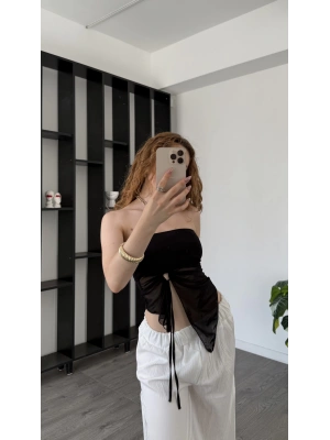 Siyah Tül Asimetrik Büzgülü Bluz