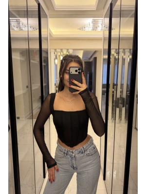 Siyah Tül Kollu Korse Bluz