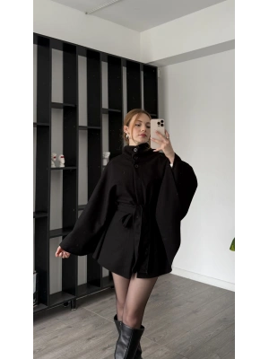 Siyah Venna Kuşaklı Kaşe Panço Kaban