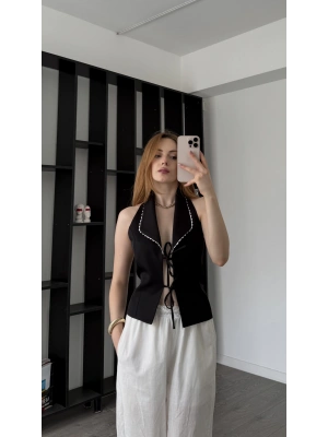Siyah Vionna Yaka Detaylı Bağcıklı Yelek