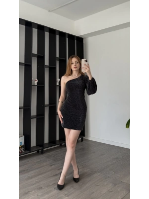 Siyah Vivien Parıltılı Tek Omuz Elbise