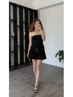 Siyah Wanda Bel Detaylı Straplez Elbise