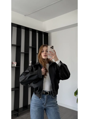 Siyah Wenna Oversize Bomber Deri Ceket
