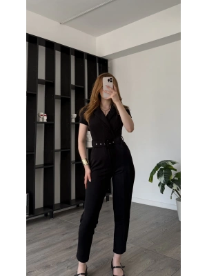 Siyah Yasmin Kemer Detaylı Tulum