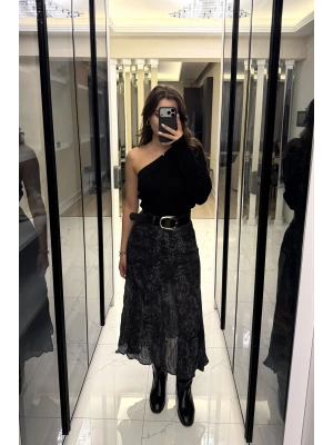 Siyah Zr Muadil Kemerli Desenli Etek