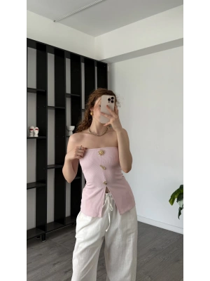 Toz Pembe Elsa Broşlu Straplez Bluz