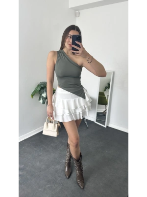 Yeşil Asimetrik Kesim Tek Kollu Bluz