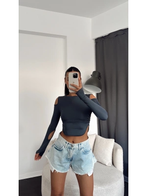 Antrasit Omuz Detaylı Elden Geçirmeli Bluz