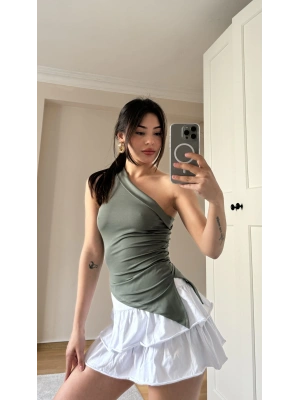 Yeşil Asimetrik Kesim Tek Kollu Bluz