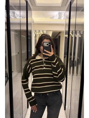 Yeşil Düğmeli Polo Yaka Çizgili Triko Kazak