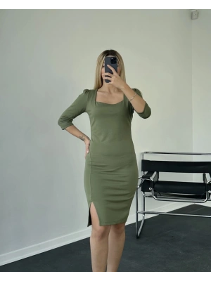 Yeşil Kare Yaka Yarım Kollu Kalem Elbise