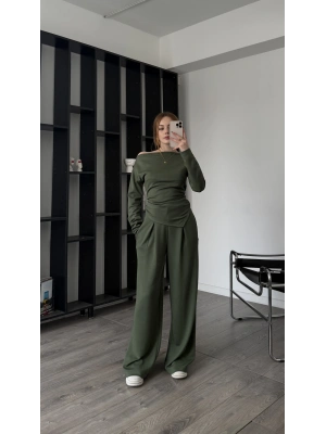 Yeşil Lumi Asimetirk Kayık Yaka Modal Takım