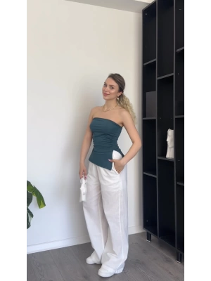Yeşil Yandan Yırtmaçlı Straplez Bluz