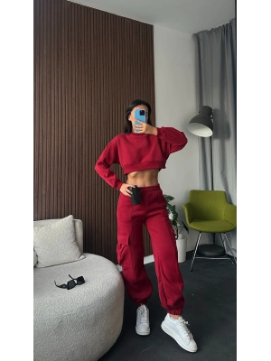 Bordo Kargo Cepli Crop Eşofman Takımı