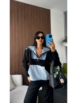Siyah Denim Detaylı Fermuar Yakalı Sweatshirt