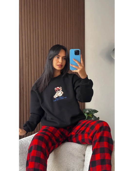 Siyah Ayıcık İşlemeli Sweatshirt