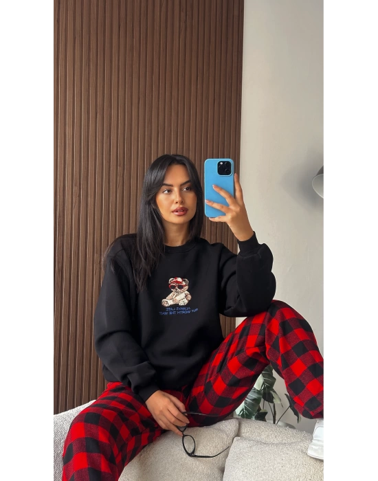 Siyah Ayıcık İşlemeli Sweatshirt