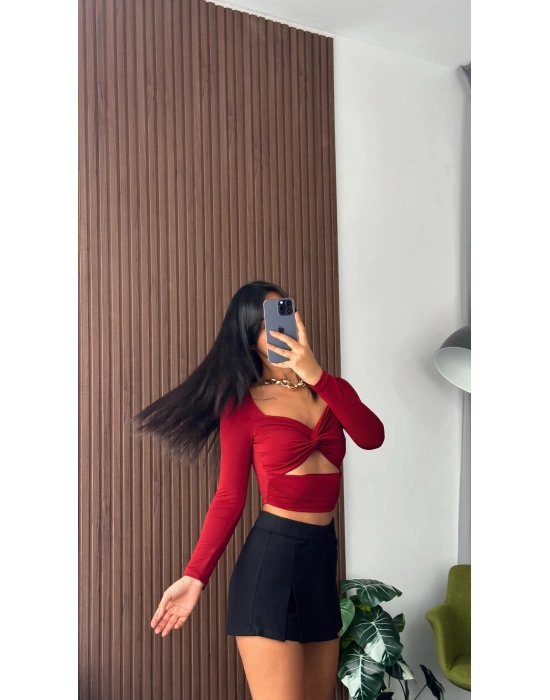 Bordo Düğüm Detaylı Cut Out Bluz