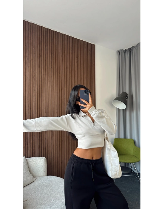 Ekru Fermuar Yakalı Modal Kumaş Crop Sweatshirt