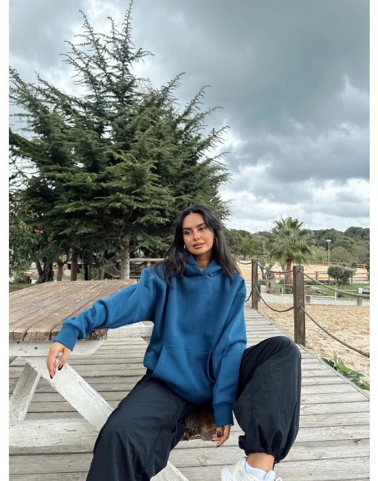 İndigo Şardonlu Hoodie Sweatshirt