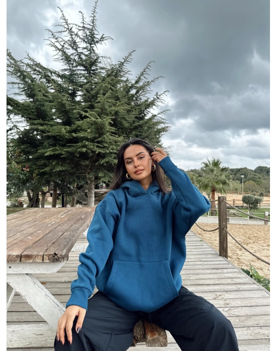 İndigo Şardonlu Hoodie Sweatshirt