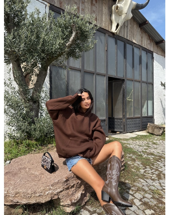 Kahverengi Şardonlu Hoodie Sweatshirt